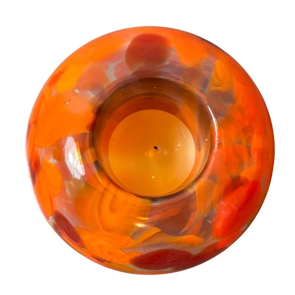 Vintage MCM Orange Swirl Handblown‎ Glass Votive Candle Holder